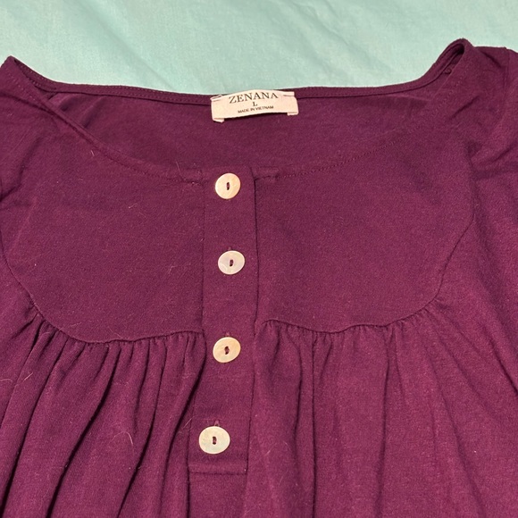 Zenana Dark Plum Henley Babydoll Long Sleeve Button Up Top Size Large - Picture 4 of 9